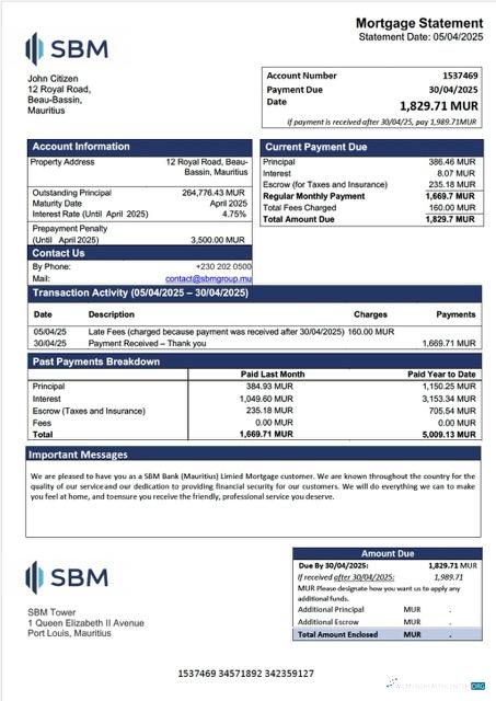 Download Mauritius SBM Bank (Mauritius) Limited mortgage statement Word and PDF template Photoshop template
